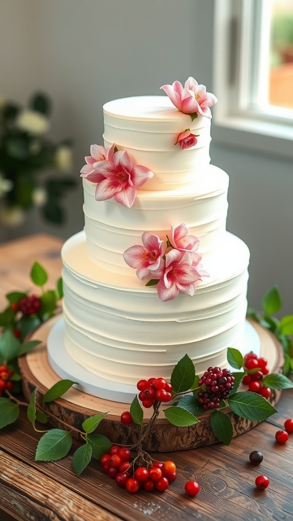Elegant Spring Wedding Cake Recipe Three-layer spring wedding cake with buttercream frosting and fresh flowers, beautifully arranged on a wooden table.